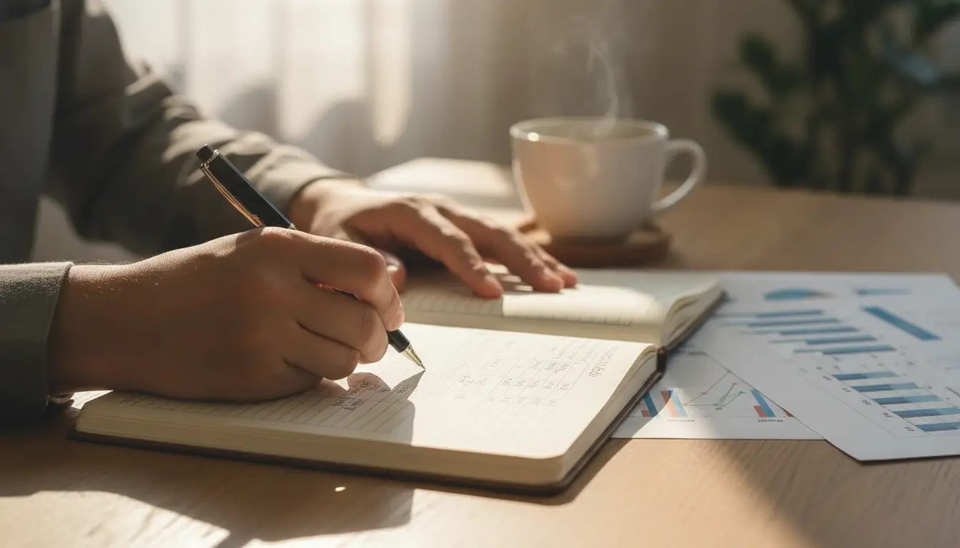 Person plant Budget mit Stift und Notizbuch auf dem Schreibtisch