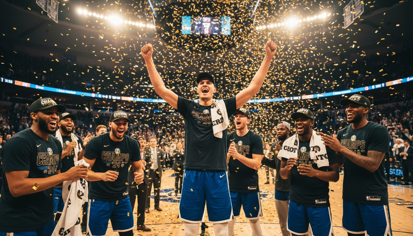 Basketballspieler feiert einen Meisterschaftserfolg mit der Mannschaft