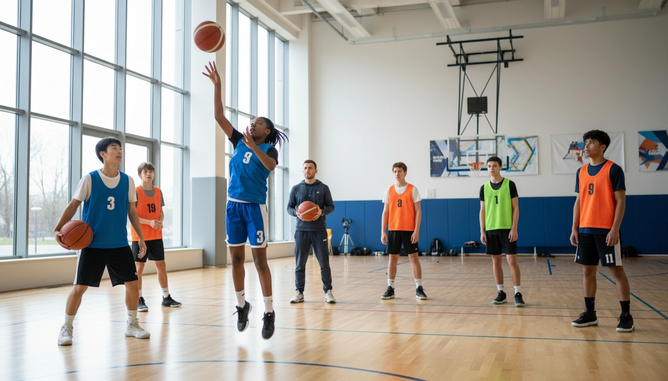 Junge Basketballspieler trainieren in einer modernen Sporthalle