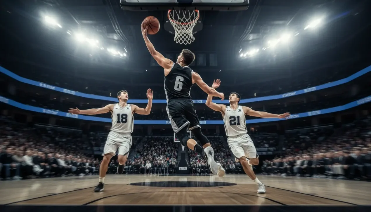 Dynamische Basketballaktion während eines spannenden Spielmoments