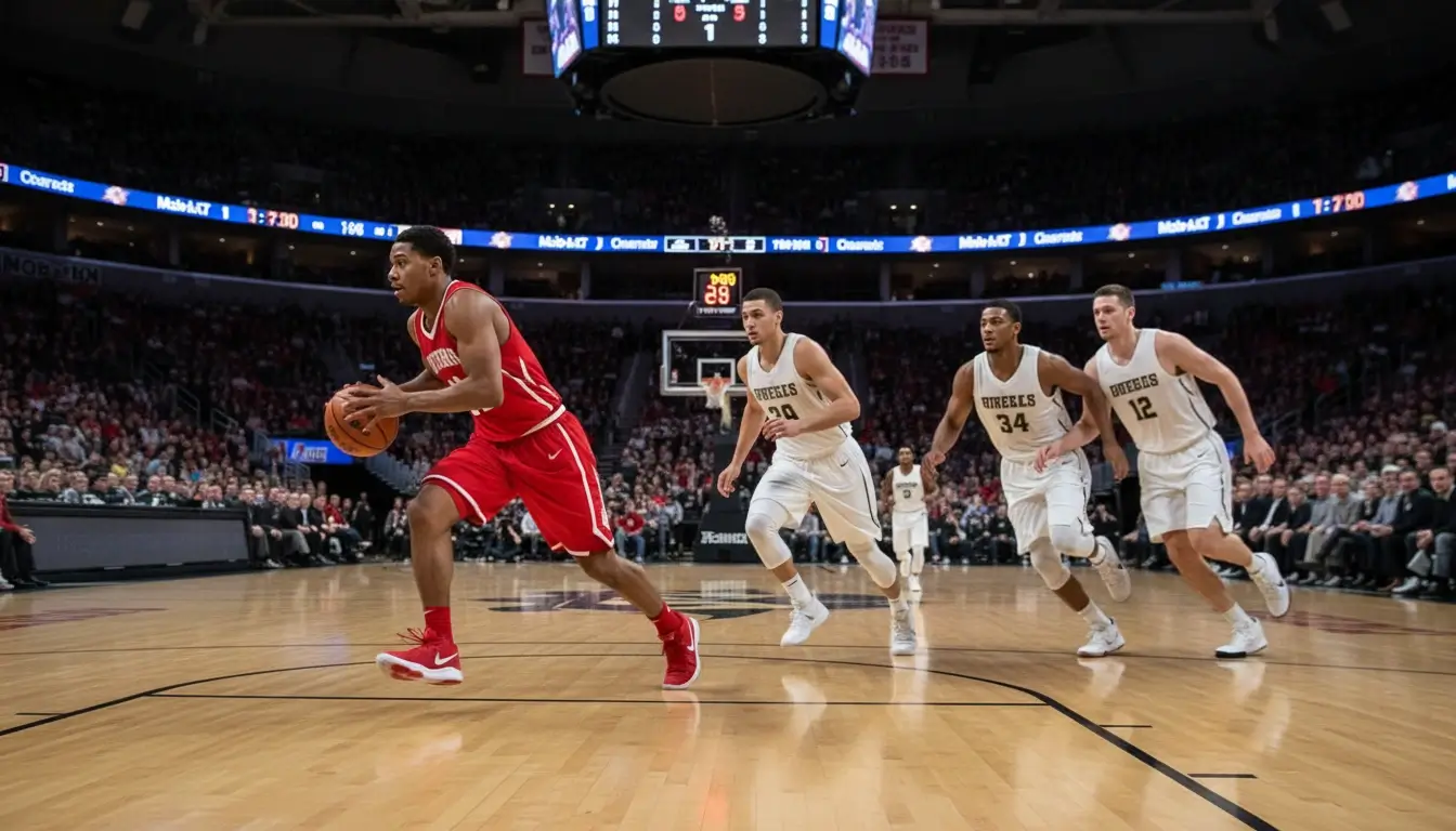 Dynamische Spielaktion während eines laufenden Basketballspiels