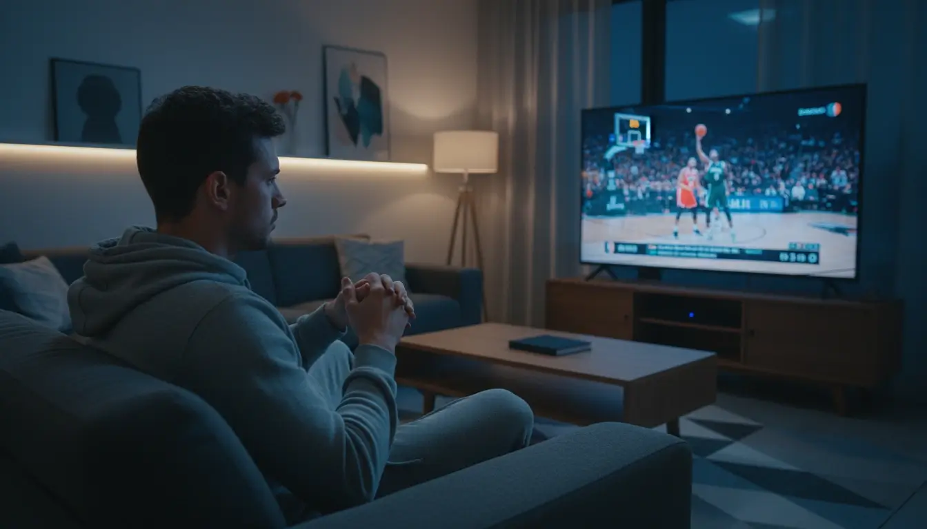 Person beobachtet konzentriert ein Basketballspiel auf dem Bildschirm