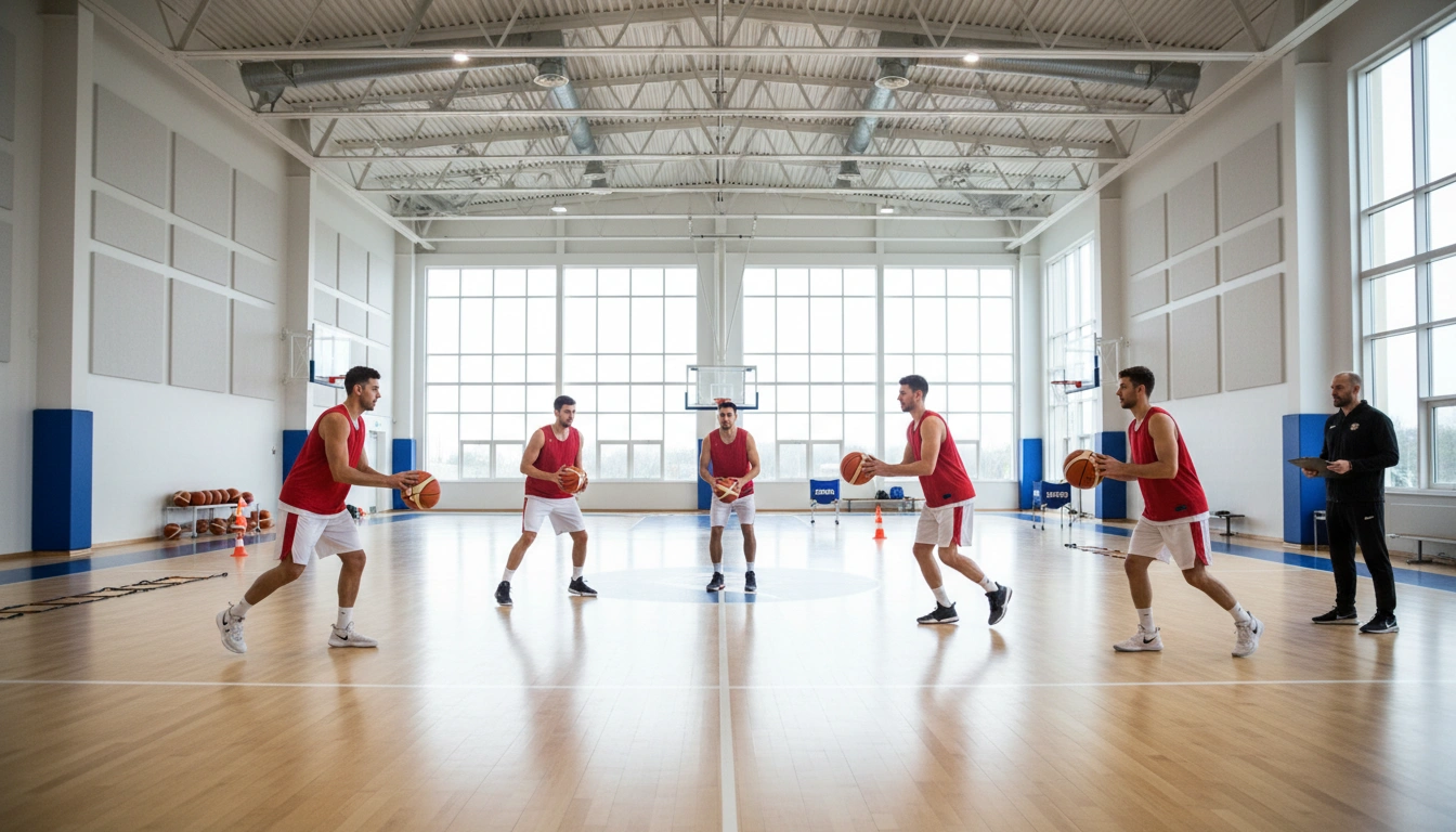 Professionelles Basketballteam beim Training in der Halle