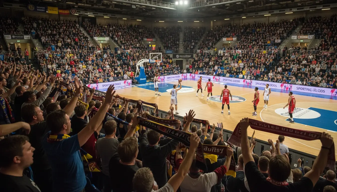 Gefüllte Basketballhalle mit Fans während eines Bundesligaspiels
