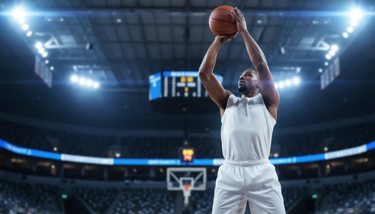 Deutscher Basketballspieler beim Wurf in einer beleuchteten Arena