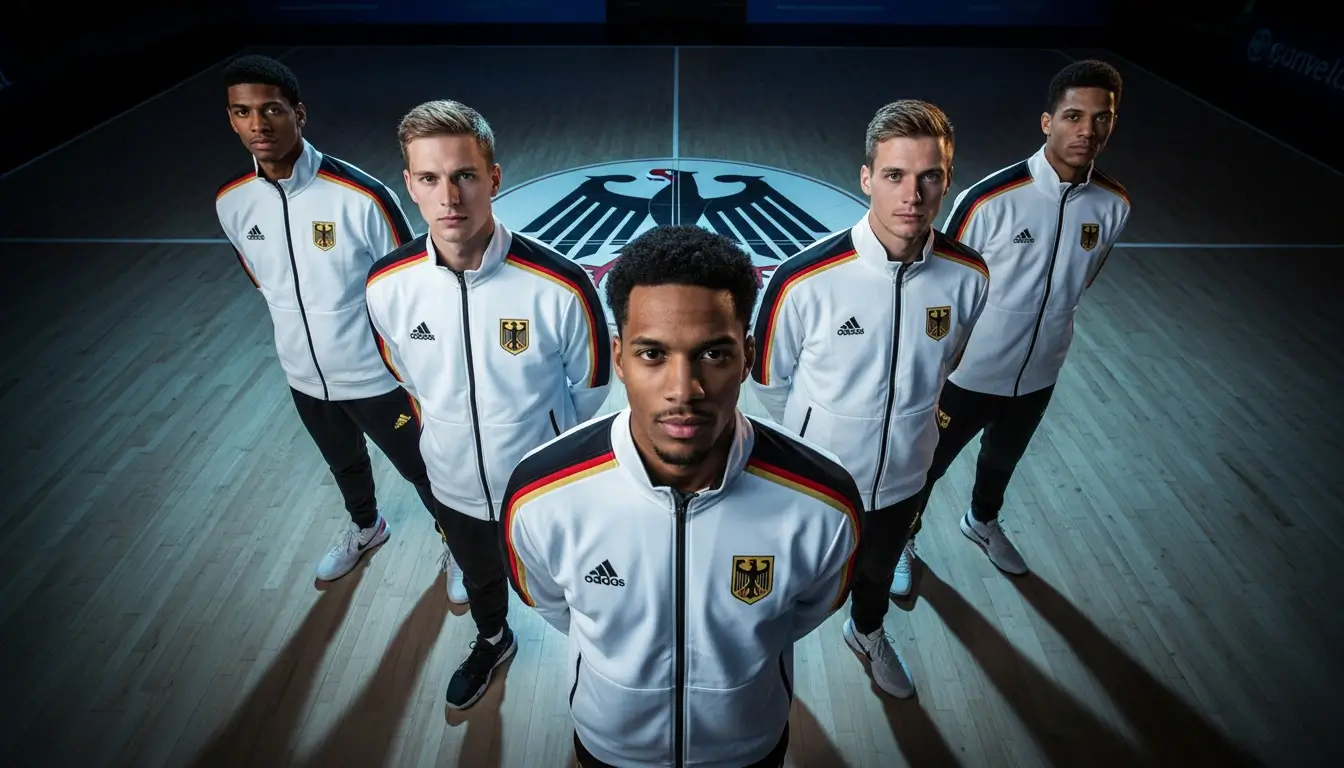 Spieler des deutschen Basketball-Nationalteams in Team-Pose
