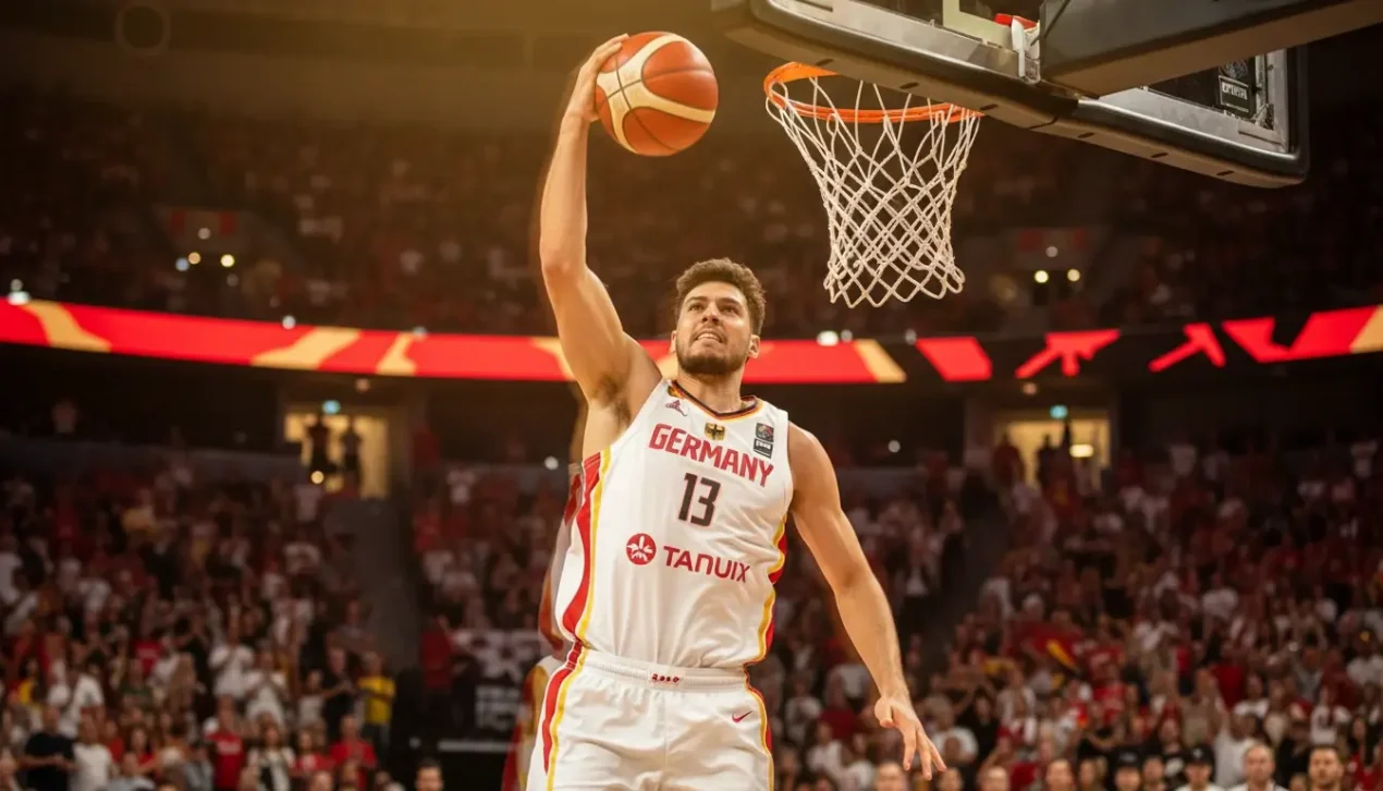 Deutscher Basketballspieler beim spektakulären Slam Dunk