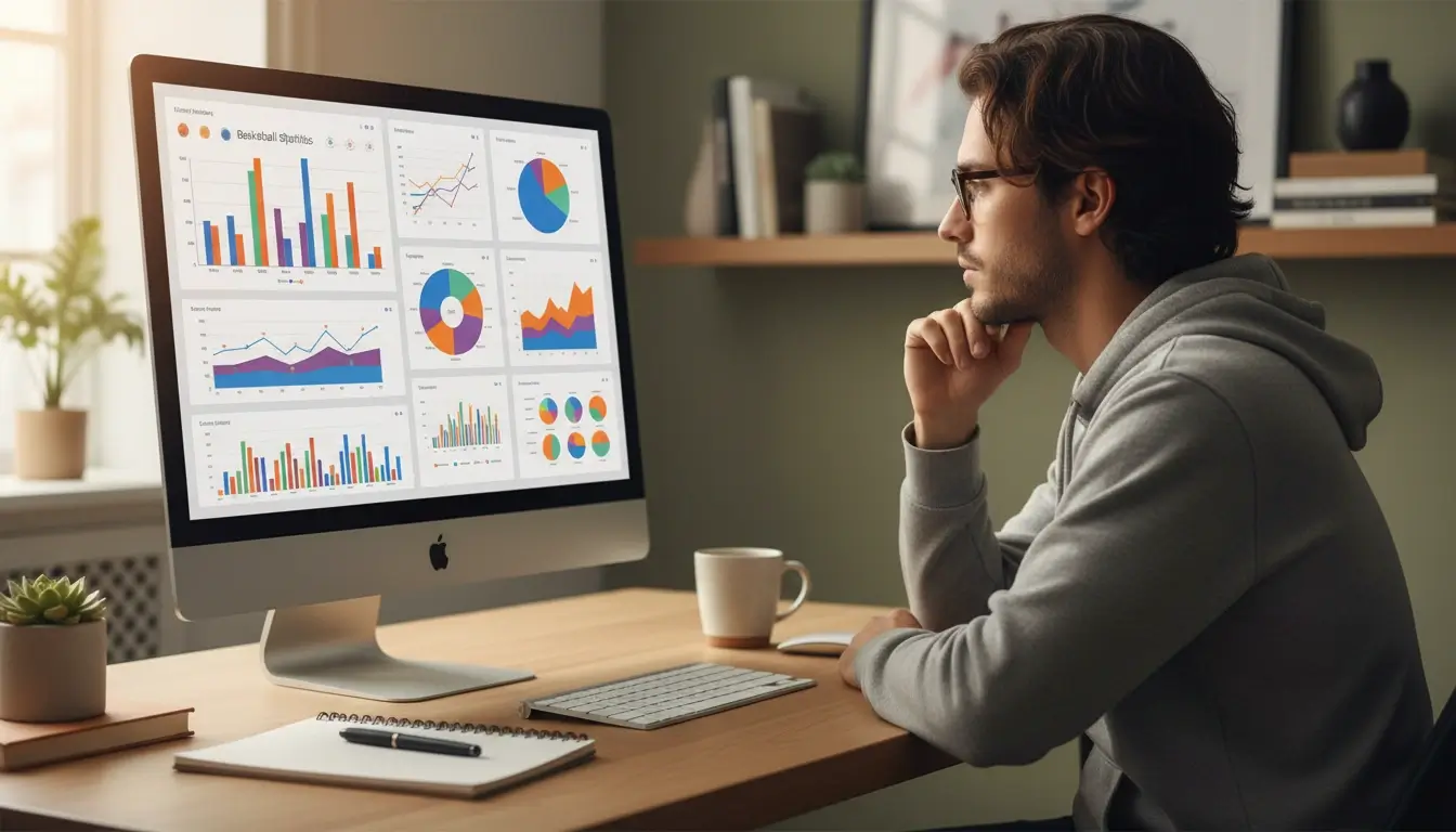 Person recherchiert Sportstatistiken am Computer mit Diagrammen
