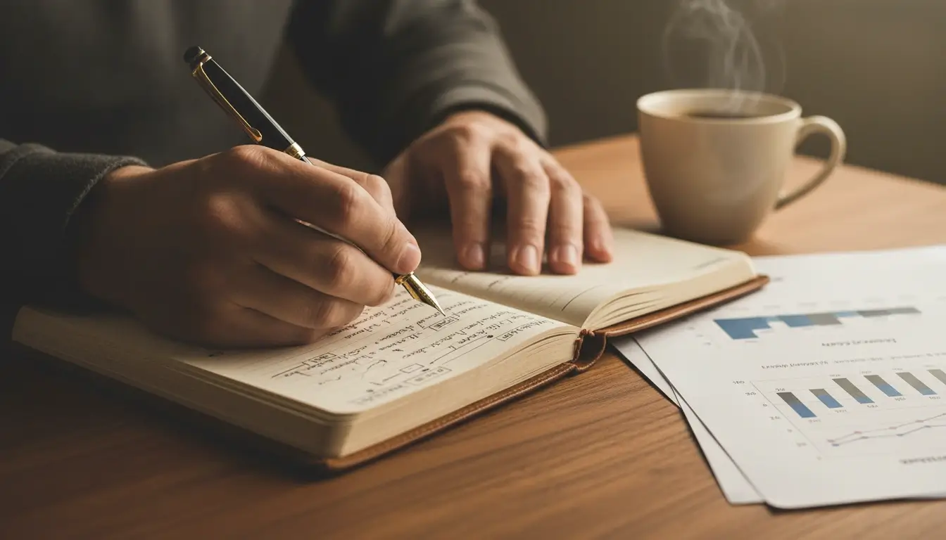 Person plant Wettstrategie mit Notizbuch und Stift